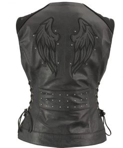 Motorcycle Vests Xelement XS24001 Ladies ‘Winged’ Black Studded Leather Vest With Side Laces And Reflective Wings