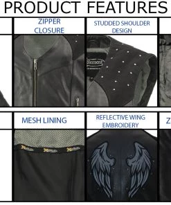 Motorcycle Vests Xelement XS24001 Ladies ‘Winged’ Black Studded Leather Vest With Side Laces And Reflective Wings