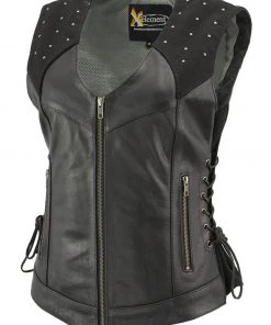 Motorcycle Vests Xelement XS24001 Ladies ‘Winged’ Black Studded Leather Vest With Side Laces And Reflective Wings