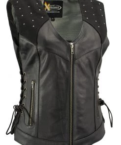 Motorcycle Vests Xelement XS24001 Ladies ‘Winged’ Black Studded Leather Vest With Side Laces And Reflective Wings