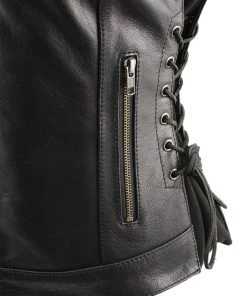 Motorcycle Vests Xelement XS24001 Ladies ‘Winged’ Black Studded Leather Vest With Side Laces And Reflective Wings