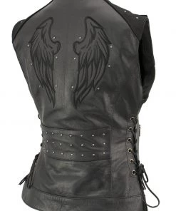 Motorcycle Vests Xelement XS24001 Ladies ‘Winged’ Black Studded Leather Vest With Side Laces And Reflective Wings