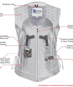 Motorcycle Vests Xelement XS24001 Ladies ‘Winged’ Black Studded Leather Vest With Side Laces And Reflective Wings