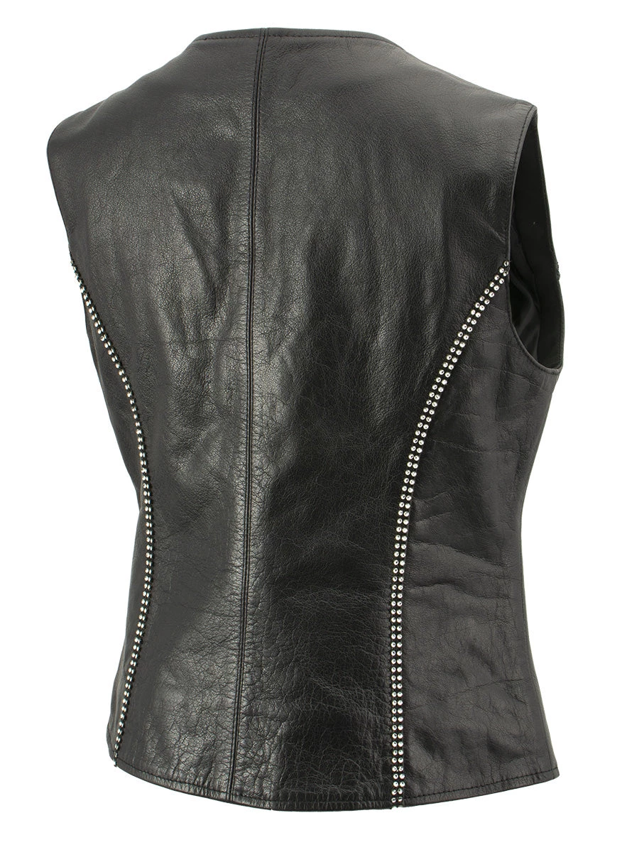 Xelement XS24002 Ladies 'Bling' Black Leather V-Neck Vest With Rhinestone Bling Detail Motorcycle Vests