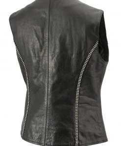 Xelement XS24002 Ladies'Bling' Black Leather V-Neck Vest With Rhinestone Bling Detail Motorcycle Vests