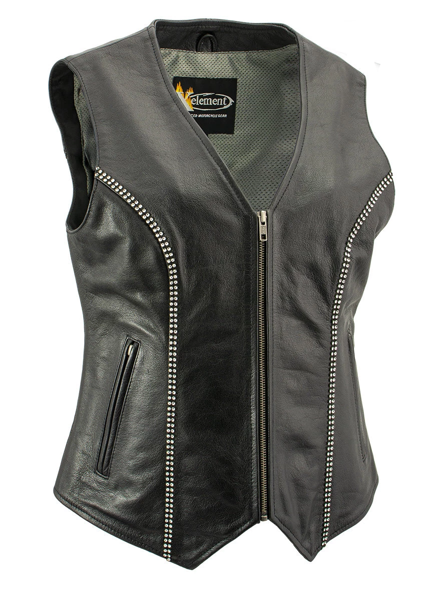 Xelement XS24002 Ladies 'Bling' Black Leather V-Neck Vest With Rhinestone Bling Detail Motorcycle Vests
