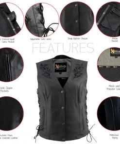 Xelement XS24004 Ladies ‘Gemma’ Black Leather Vest With Side Lace Adjustment Motorcycle Vests