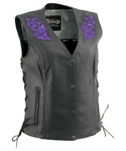 Xelement XS24005 Ladies ‘Gemma’ Black And Purple Leather Vest With Side Lace Adjustment Motorcycle Vests