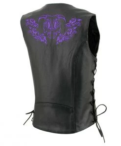 Xelement XS24005 Ladies ‘Gemma’ Black And Purple Leather Vest With Side Lace Adjustment Motorcycle Vests