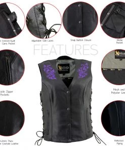 Xelement XS24005 Ladies ‘Gemma’ Black And Purple Leather Vest With Side Lace Adjustment Motorcycle Vests