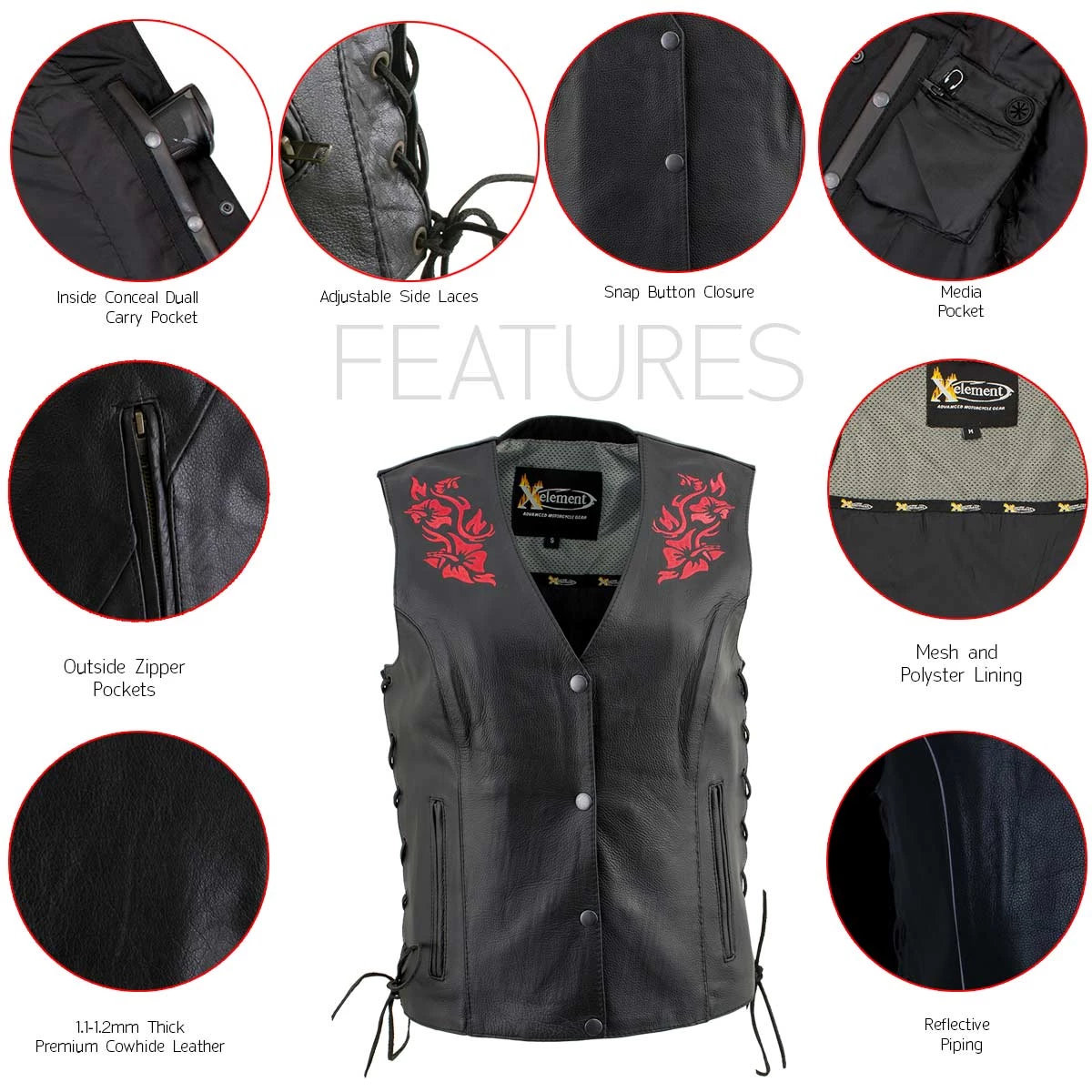 Xelement XS24006 Ladies ‘Gemma’ Black And Red Leather Vest With Side Lace Adjustment Motorcycle Vests