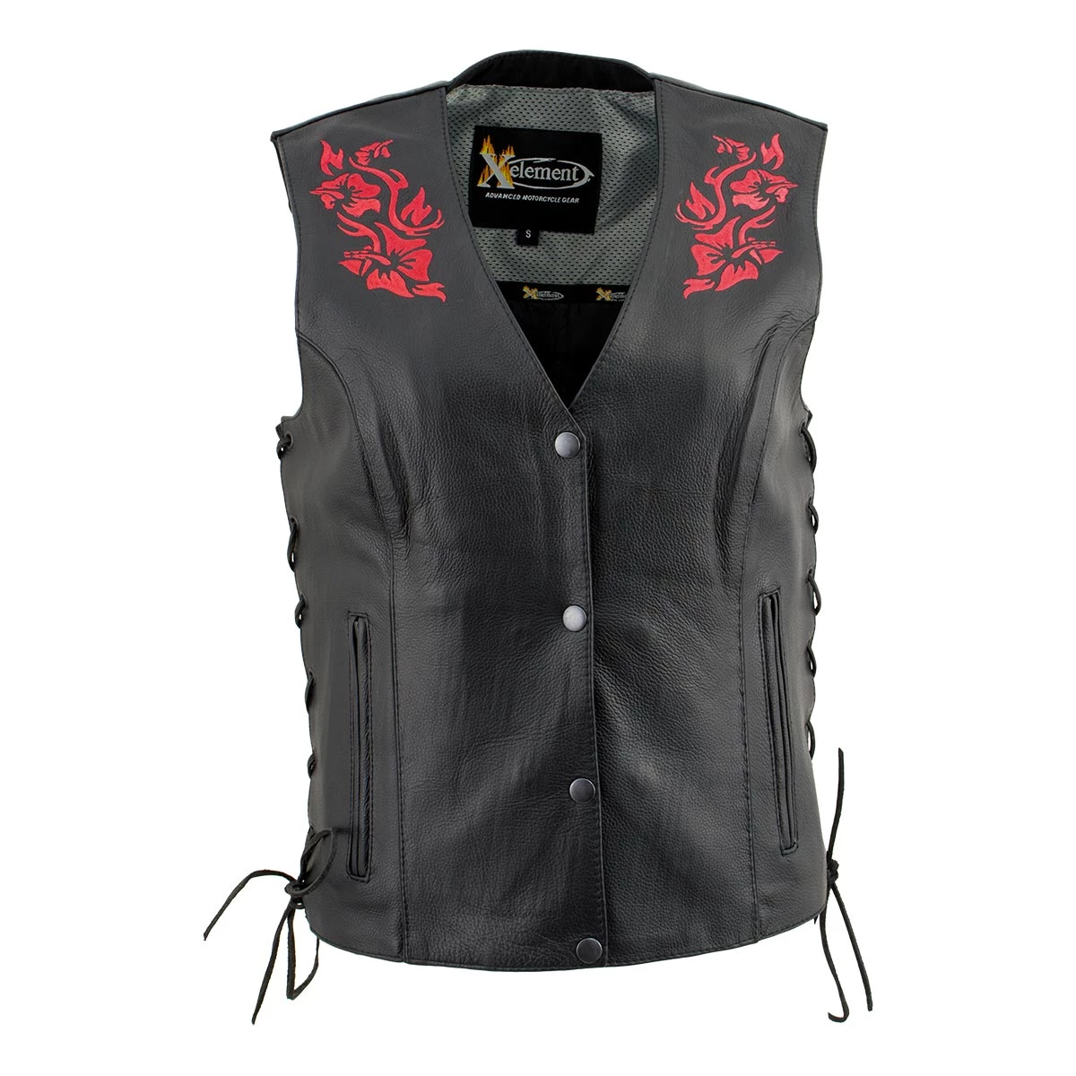 Xelement XS24006 Ladies ‘Gemma’ Black And Red Leather Vest With Side Lace Adjustment Motorcycle Vests