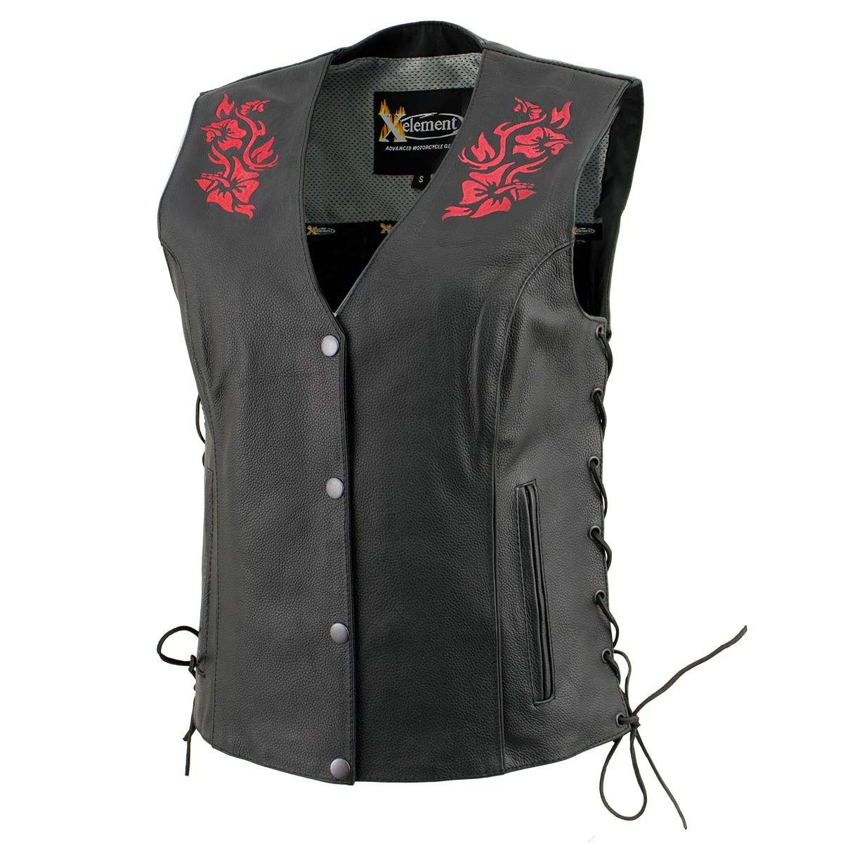 Xelement XS24006 Ladies ‘Gemma’ Black And Red Leather Vest With Side Lace Adjustment Motorcycle Vests