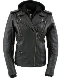 Xelement XS2516 Ladies ‘Madame’ Black Hooded Vented MC Leather Jacket Leather Motorcycle Jackets