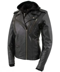 Xelement XS2516 Ladies ‘Madame’ Black Hooded Vented MC Leather Jacket Leather Motorcycle Jackets