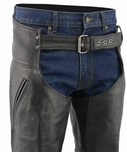 Genuine Leather Men's XS301 Black Deep Pocket Premium Leather Motorcycle Chaps Motorcycle Pants & Chaps