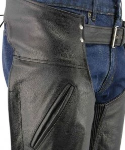 Genuine Leather Men's XS301 Black Deep Pocket Premium Leather Motorcycle Chaps Motorcycle Pants & Chaps