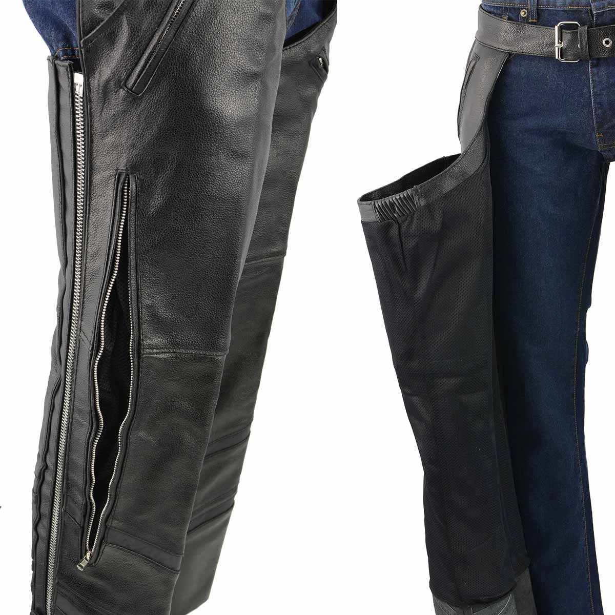 Genuine Leather Men’s XS303 Black Jean Style Vented Leather Chaps With Reflective Material Motorcycle Pants & Chaps