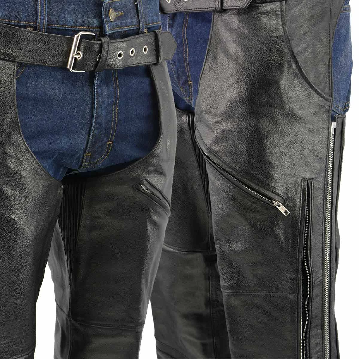 Genuine Leather Men’s XS303 Black Jean Style Vented Leather Chaps With Reflective Material Motorcycle Pants & Chaps