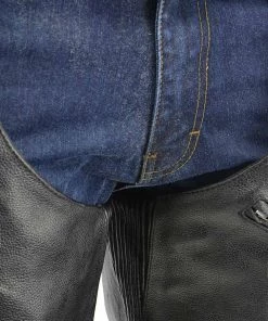 Genuine Leather Men’s XS303 Black Jean Style Vented Leather Chaps With Reflective Material Motorcycle Pants & Chaps