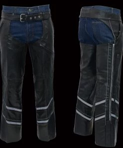 Genuine Leather Men’s XS303 Black Jean Style Vented Leather Chaps With Reflective Material Motorcycle Pants & Chaps