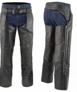 Genuine Leather Men’s XS303 Black Jean Style Vented Leather Chaps With Reflective Material Motorcycle Pants & Chaps