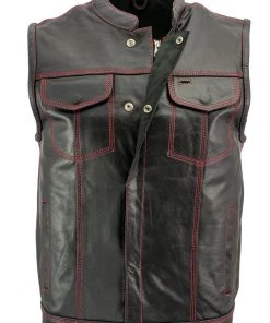 Xelement XS3449 Men's'Paisley' Black Leather Motorcycle Vest With Red Stitching