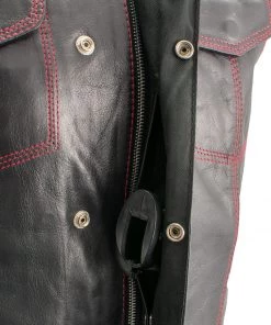 Xelement XS3449 Men's'Paisley' Black Leather Motorcycle Vest With Red Stitching