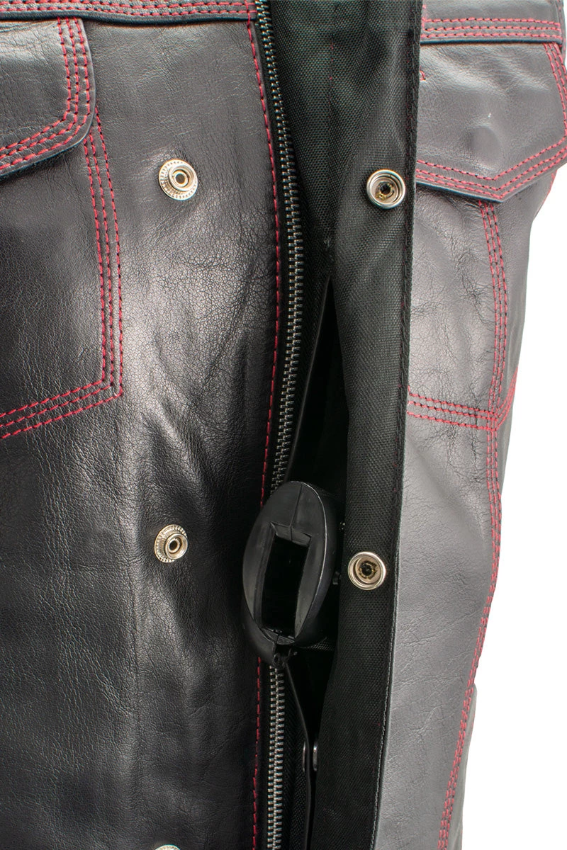 Xelement XS3449 Men's 'Paisley' Black Leather Motorcycle Vest With Red Stitching