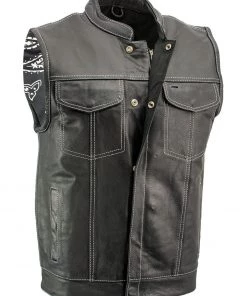 Xelement XS3450 Men's 'Paisley' Black Leather Motorcycle Vest With White Stitching
