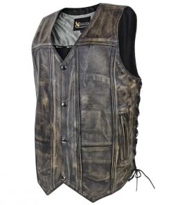 Xelement XS3540 Men's'Wreck' Distressed Brown Multi-Pocket Leather Vest