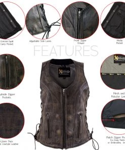 Xelement XS3900 Ladies'Bella' Distress Brown Leather Vest With Side Laces