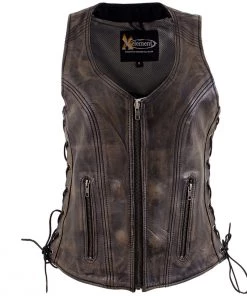 Xelement XS3900 Ladies 'Bella' Distress Brown Leather Vest With Side Laces