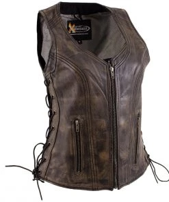 Xelement XS3900 Ladies'Bella' Distress Brown Leather Vest With Side Laces