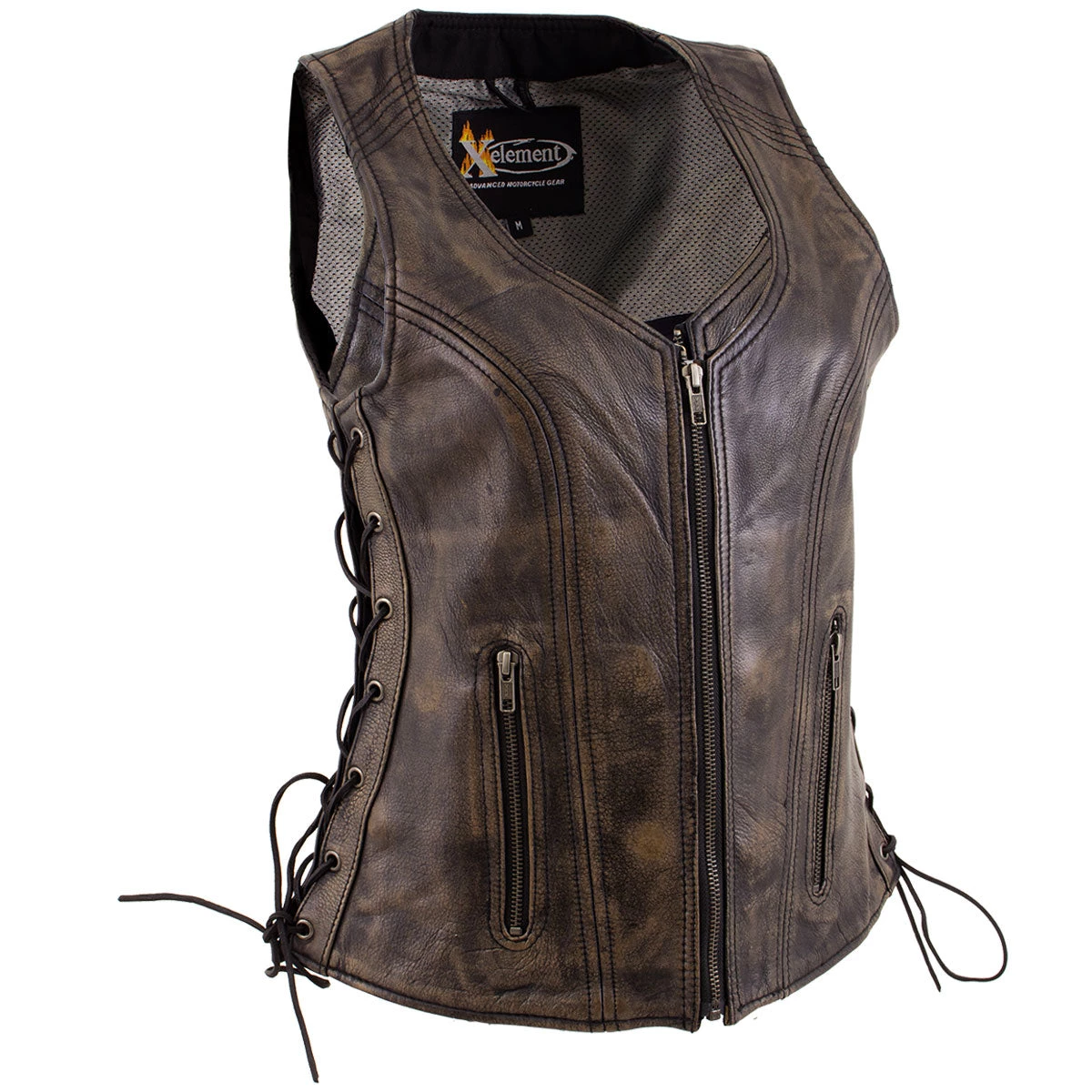 Xelement XS3900 Ladies 'Bella' Distress Brown Leather Vest With Side Laces