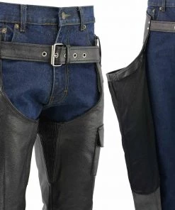 Genuine Leather Motorcycle Pants & Chaps Men's XS401 Classic Black Leather Motorcycle Chaps With Outside Flap Pocket