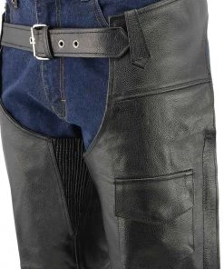 Genuine Leather Motorcycle Pants & Chaps Men's XS401 Classic Black Leather Motorcycle Chaps With Outside Flap Pocket