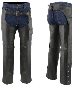 Genuine Leather Motorcycle Pants & Chaps Men's XS401 Classic Black Leather Motorcycle Chaps With Outside Flap Pocket