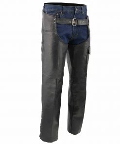 Genuine Leather Motorcycle Pants & Chaps Men's XS401 Classic Black Leather Motorcycle Chaps With Outside Flap Pocket