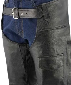 Genuine Leather Motorcycle Pants & Chaps Men's XS405 Classic Black Thermal Lined Leather Motorcycle Chaps With Outside Flap Pocket