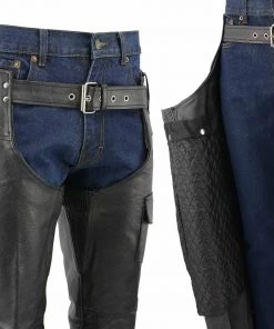 Genuine Leather Motorcycle Pants & Chaps Men's XS405 Classic Black Thermal Lined Leather Motorcycle Chaps With Outside Flap Pocket