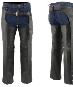 Genuine Leather Motorcycle Pants & Chaps Men's XS405 Classic Black Thermal Lined Leather Motorcycle Chaps With Outside Flap Pocket