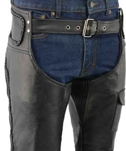Genuine Leather Men's XS406 Classic Black Braided Thermal Lined Leather Motorcycle Chaps With Outside Flap Pocket