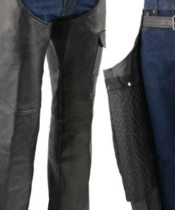 Genuine Leather Men's XS406 Classic Black Braided Thermal Lined Leather Motorcycle Chaps With Outside Flap Pocket