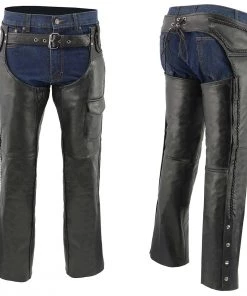 Genuine Leather Men's XS406 Classic Black Braided Thermal Lined Leather Motorcycle Chaps With Outside Flap Pocket