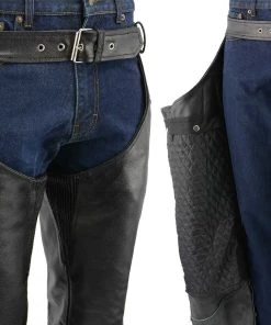 Genuine Leather Men's XS432 Classic Black Thermal Lined Leather Motorcycle Chaps With Jean Style Pockets