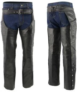 Genuine Leather Men's XS432 Classic Black Thermal Lined Leather Motorcycle Chaps With Jean Style Pockets