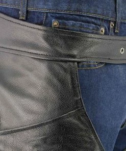 Genuine Leather Men's XS432 Classic Black Thermal Lined Leather Motorcycle Chaps With Jean Style Pockets