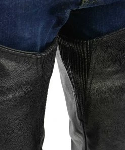 Genuine Leather Men's XS432 Classic Black Thermal Lined Leather Motorcycle Chaps With Jean Style Pockets