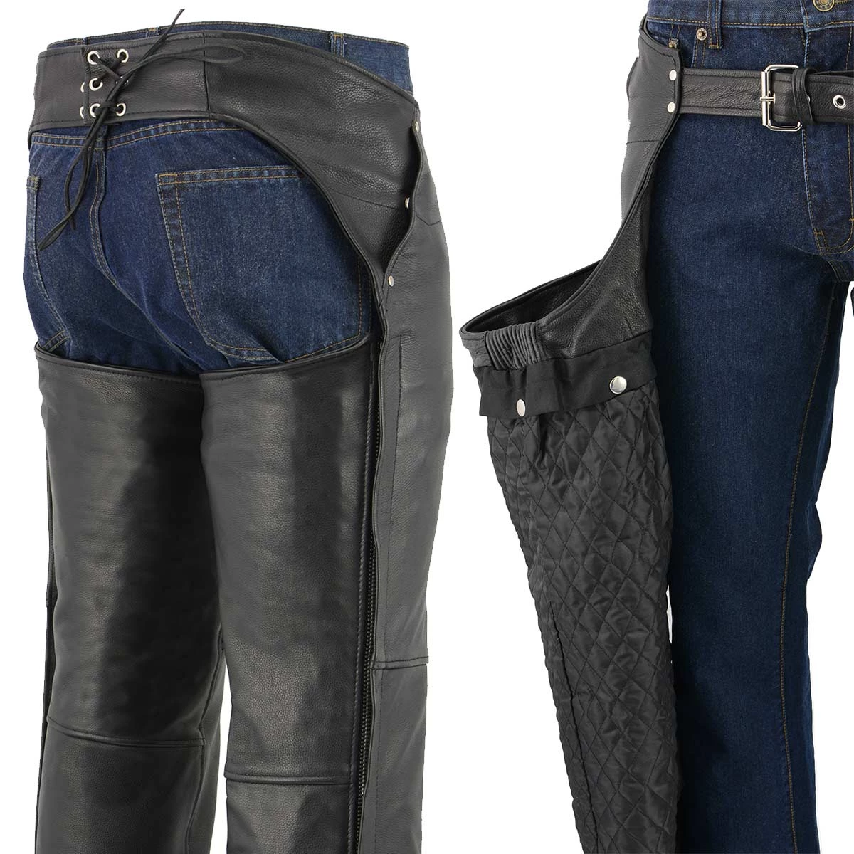 Genuine Leather Motorcycle Pants & Chaps Men's XS43401 Black Thermal Lined 3 Pocket Leather Motorcycle Chaps